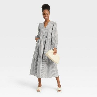 Women&#39;s Long Sleeve Tiered Dress - A New Day&#8482; Blue Striped XL | Target