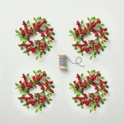 4pc Mini Faux Winterberry Wreath Gift Topper Set - Hearth &#38; Hand&#8482; with Magnolia | Target