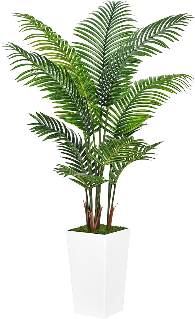 Artificial Palm Tree 5FT - Fake Tree with White Tall Planter - Faux Tropical Areca Floor Plant in... | Amazon (US)