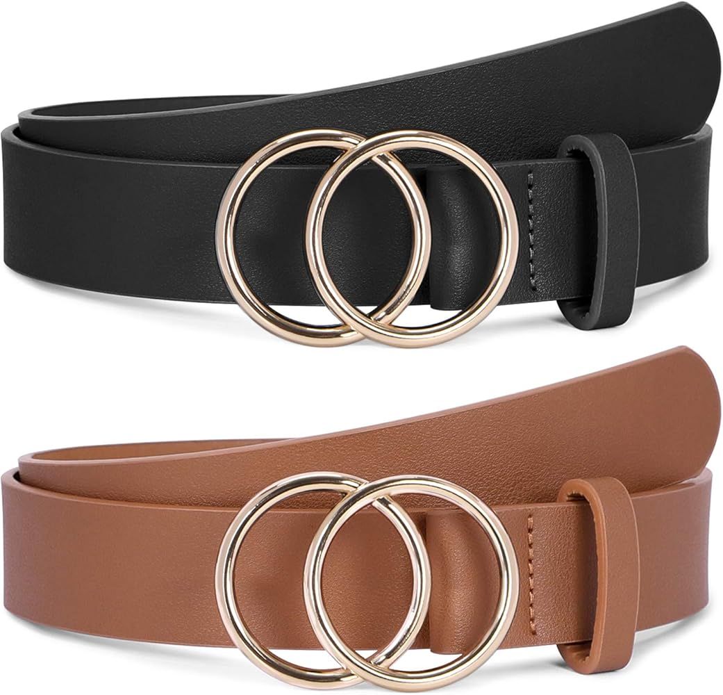 2 Pack Fashion Gold Double O-Ring Buckle Faux Leather Belts for Women By SUOSDEY | Amazon (US)