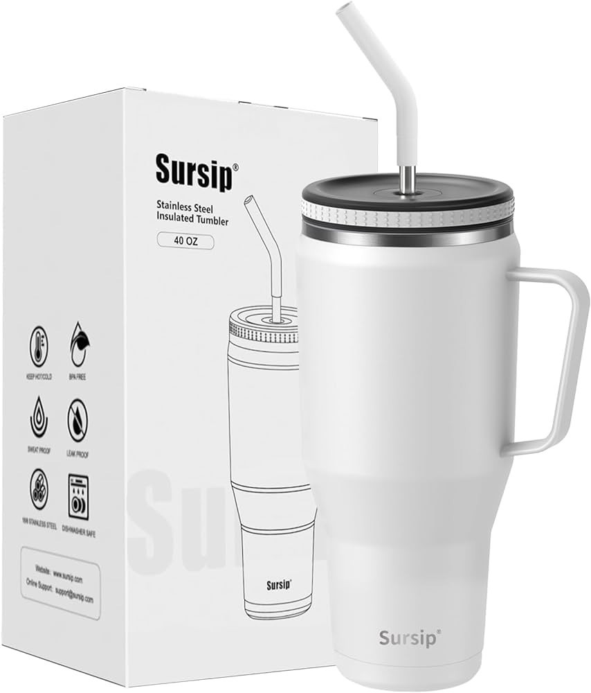 Sursip 40 oz Tumbler with Handle and Straw Lid - Stainless Steel Vacuum Insulated Coffee Cup Trav... | Amazon (US)