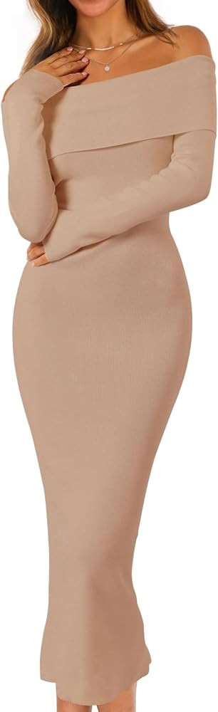 MEROKEETY Women's Fall Off Shoulder Bodycon Sweater Dress Formal Long Sleeve Elegant Club Party M... | Amazon (US)