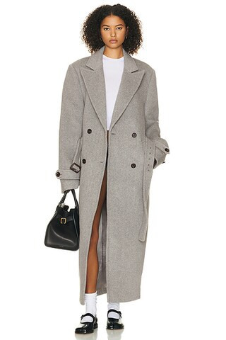 Helsa Bold Shoulder Long Coat in Grey - Grey. Size S/M (also in XXS/XS, L/XL). | FWRD 