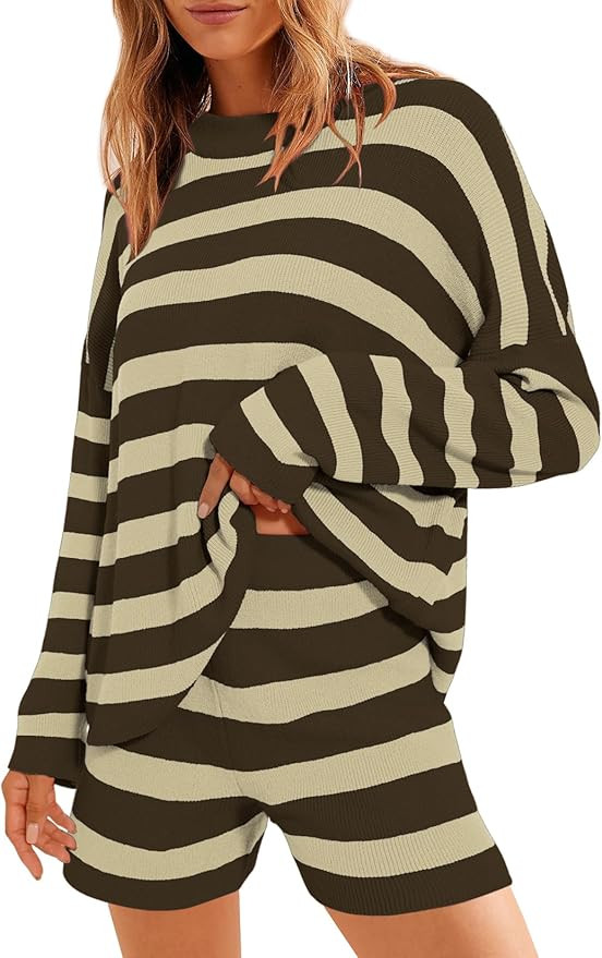 Balimtoy Women Striped Sweater Set Oversized Lounge Set Matching Pajama Sets Knit Long Sleeve 2 P... | Amazon (US)