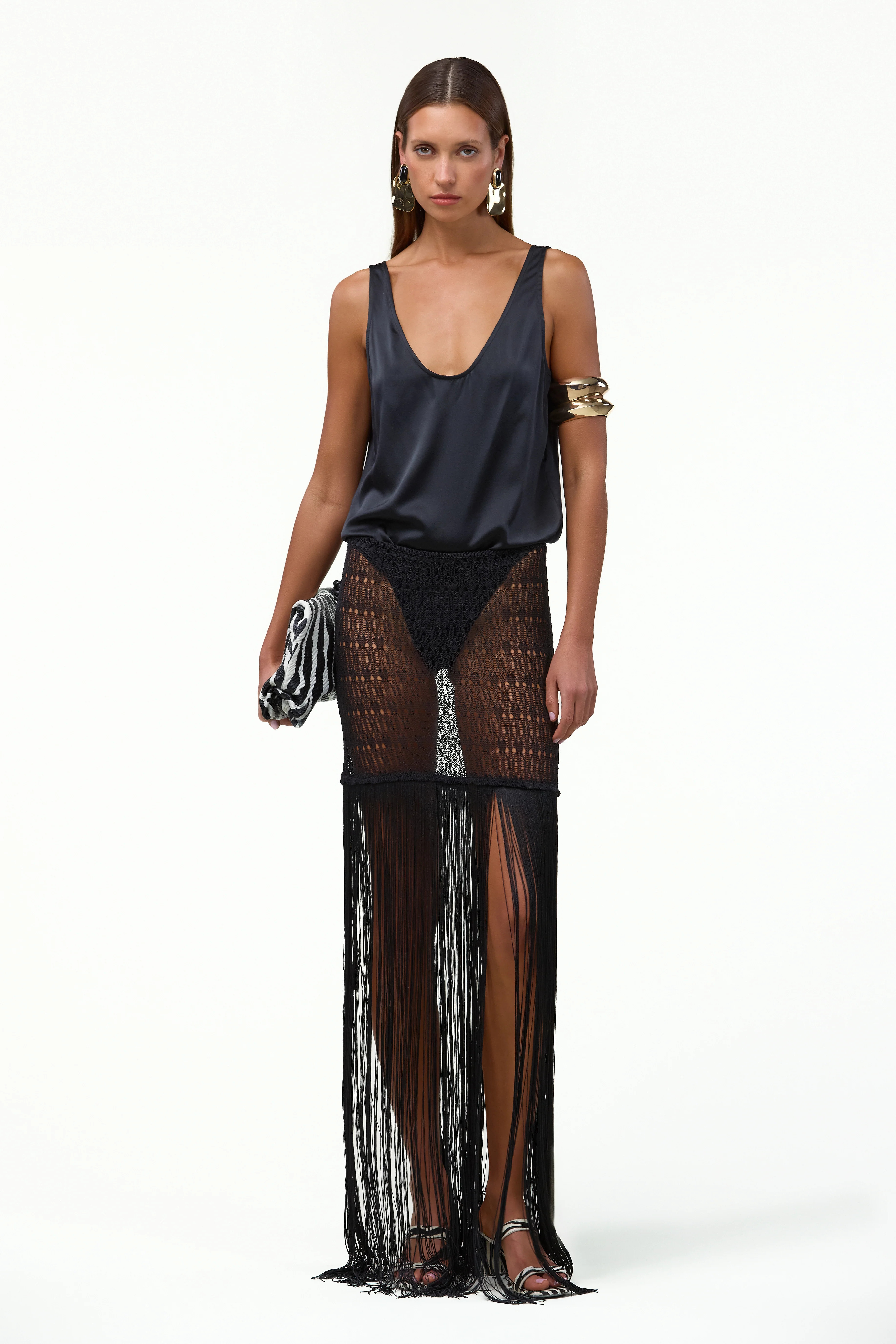 Fringe Knit Maxi Skirt (Black) | SAME