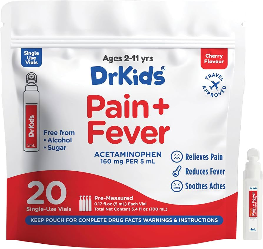 Dr. Kids Children’s Pain and Fever Medicine - Acetaminophen for Kids Ages 2-11, Pre-Measured Si... | Amazon (US)