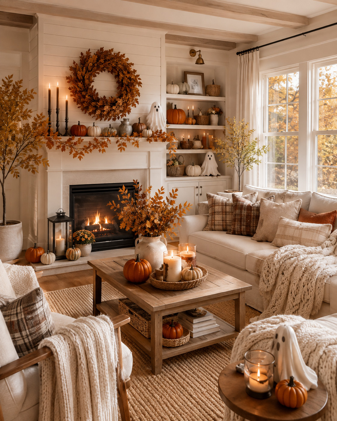 This is my kind of Halloween decorating 😍🎃 cozy, warm, cute, and not too scary. The soft cream furniture with all the rust tones, plaid pillows, glowing candles, pumpkins, fall leaves, and tiny ghosts makes this whole living room feel so dreamy. Add a fireplace and a chunky throw and I am officially never leaving the couch. 🍁👻🤎

#FallLivingRoom #HalloweenLivingRoom #FallDecorIdeas #HalloweenDecorIdeas #CozyHalloween #CuteHalloween #FallHome #CozyHomeDecor #AutumnLivingRoom #PumpkinDecorIdeas #GhostDecor #FallFireplaceDecor #HalloweenFireplace #FallMantelDecor #NeutralHomeDecor #CozyFallVibes #AutumnAesthetic #FallDecorInspo #HalloweenHome #FallHomeStyle #CozyInteriors #FallSeason #OctoberDecor #SpookySeasonDecor #HomeInspo 

 #LTKSeasonal #LTKHome #LTKSaleAlert