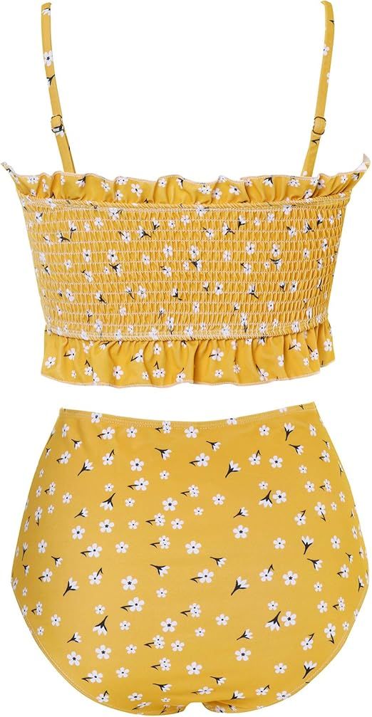 OMKAGI Women's Bandeau Bikini Sets Cute Shirred Swimsuit High Waisted Bathing Suit | Amazon (US)