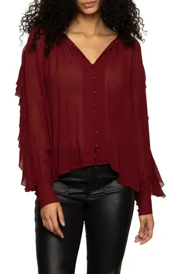 Sanctuary Harmony Ruffle Sleeve Button-Up Shirt in Crimson Red at Nordstrom Rack, Size Large | Nordstrom Rack