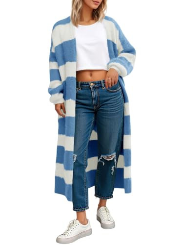 Saodimallsu Womens Striped Long Cardigan Sweaters Open Front Oversized Chunky Fuzzy Knit Fall Dus... | Amazon (US)