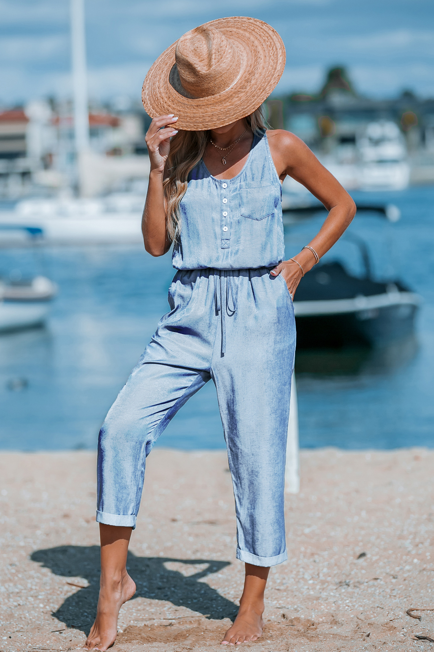 Denim Tie Waist Jumpsuit | Cupshe US