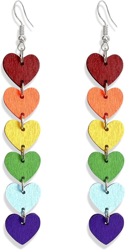 Cute Lightweight Bohemian Colorful Wooden Link Heart Dangle Drop Earrings Boho Rainbow Wood Love ... | Amazon (US)