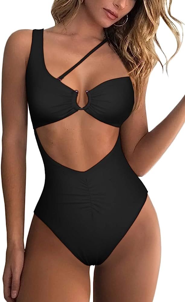 QINSEN Womens One Shoulder Cutout Ruched Back High Cut Monokini One Piece Swimsuit | Amazon (US)