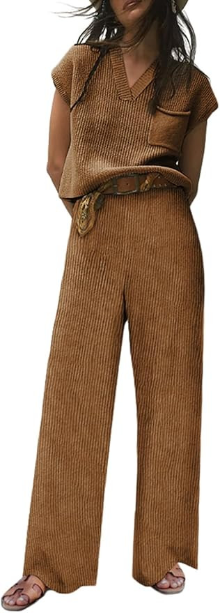 EVALESS Lounge Sets for Women Fall Two Piece Outfits Sleeveless V Neck Knit Pullover Tops and Wid... | Amazon (US)