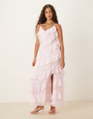 Vila ruffle cami maxi dress with leg split in light pink | ASOS | ASOS (Global)