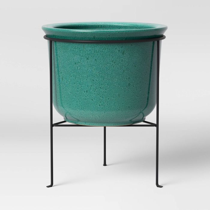 Large Ceramic Planter with Metal Stand Green - Threshold™ | Target