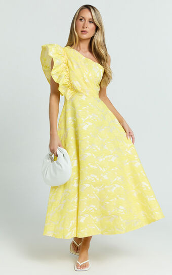 Alfreda Midi Dress - One Shoulder Ruffle Detail Brailey Jacquard Dress in Yellow Jacquard | Showpo (US, UK & Europe)