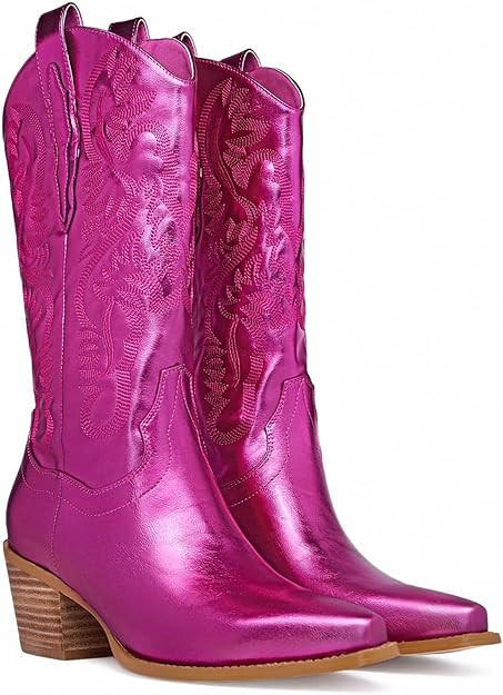 GOSERCE Western Cowboy Mid Wide Calf Boots Pull-Up Tabs Embroidered Sparkly Glitter Metallic Cowg... | Amazon (US)