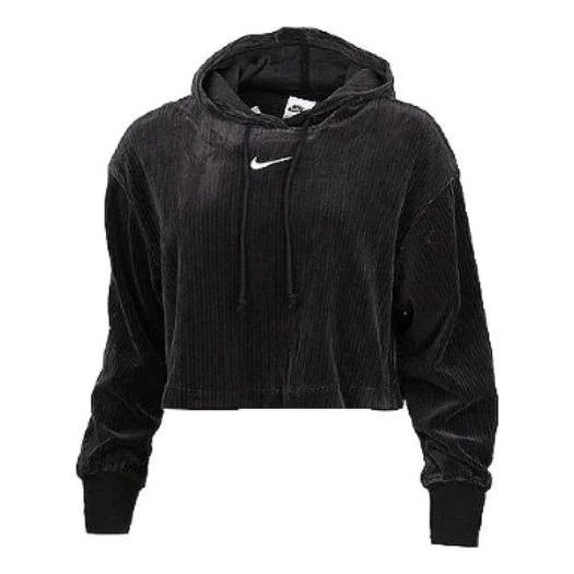 (WMNS) Nike Sportswear Velour Cropped Pullover Hoodie 'Black' DQ5928-010 | KICKS CREW