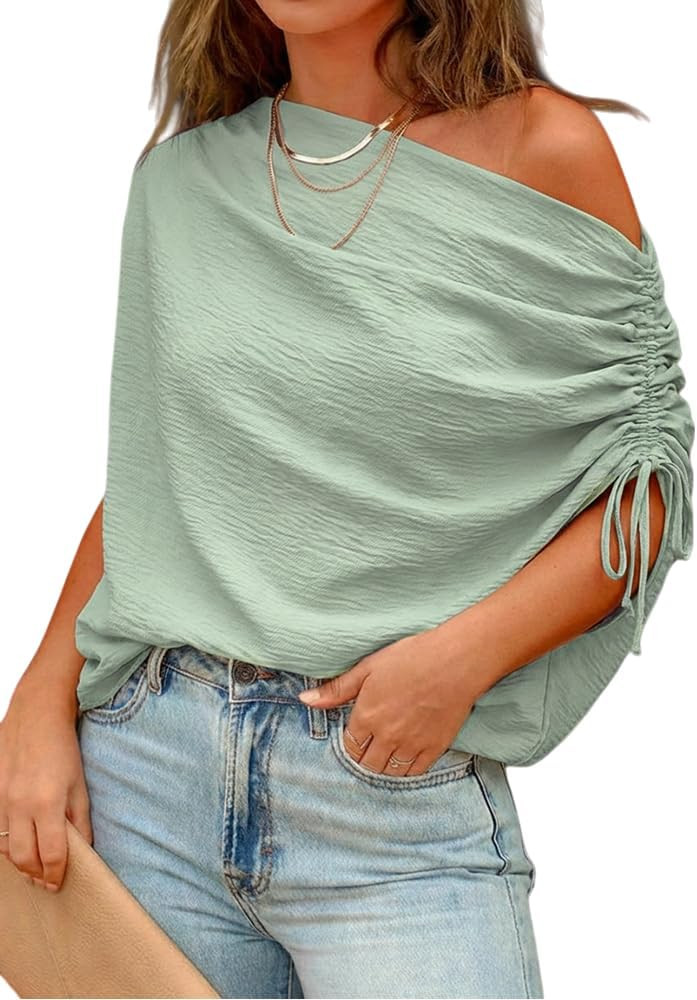 CHICME Off Shoulder Tops for Women Summer Skew Neck Blouse Adjustable Drawstring Sleeve Loose Fit... | Amazon (US)