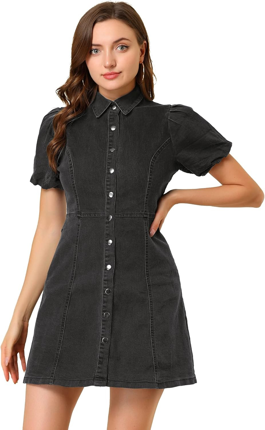 Allegra K Women's Puff Short Sleeve Collared Button Down Mini Jean Denim Dress with Pockets | Amazon (US)