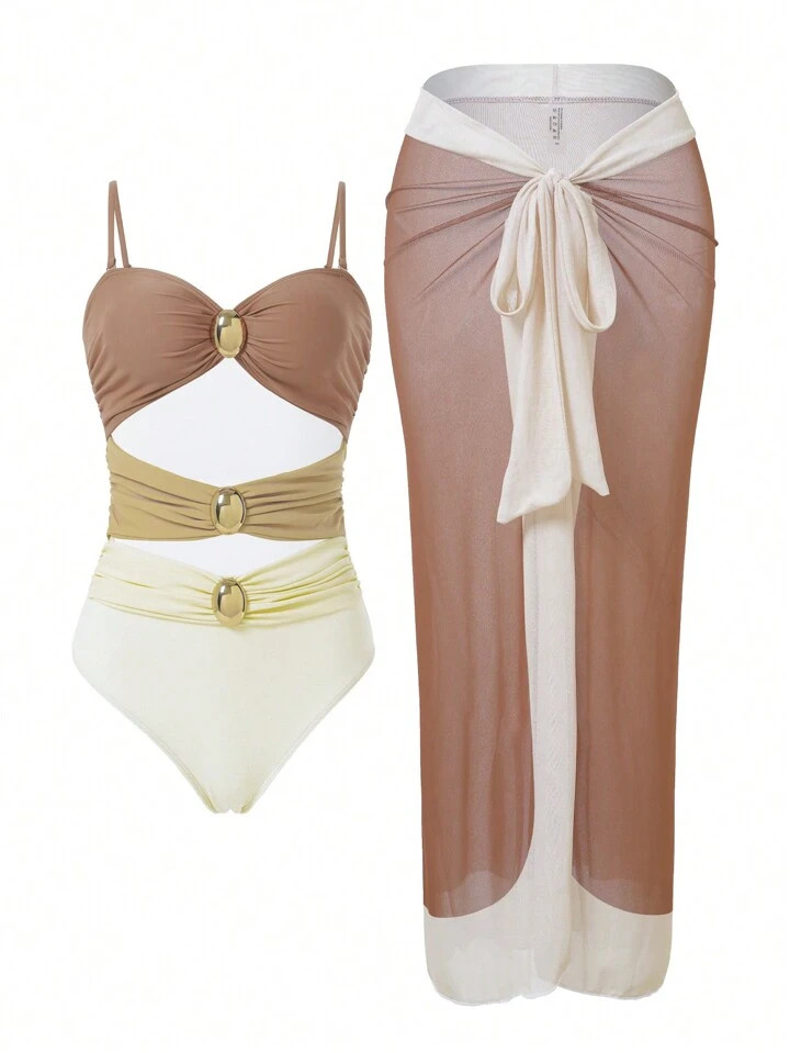 SHEIN Swim Oasis Color Block Hollow Out One-Piece Bathing Suit With Cover-Up Skirt Set Summer | SHEIN