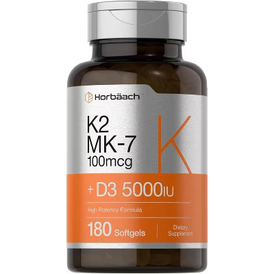 Horbaach Vitamin K2 Complex with D3 5000 IU | 800 mcg of MK7 plus MK4 | 180 Capsules | Target