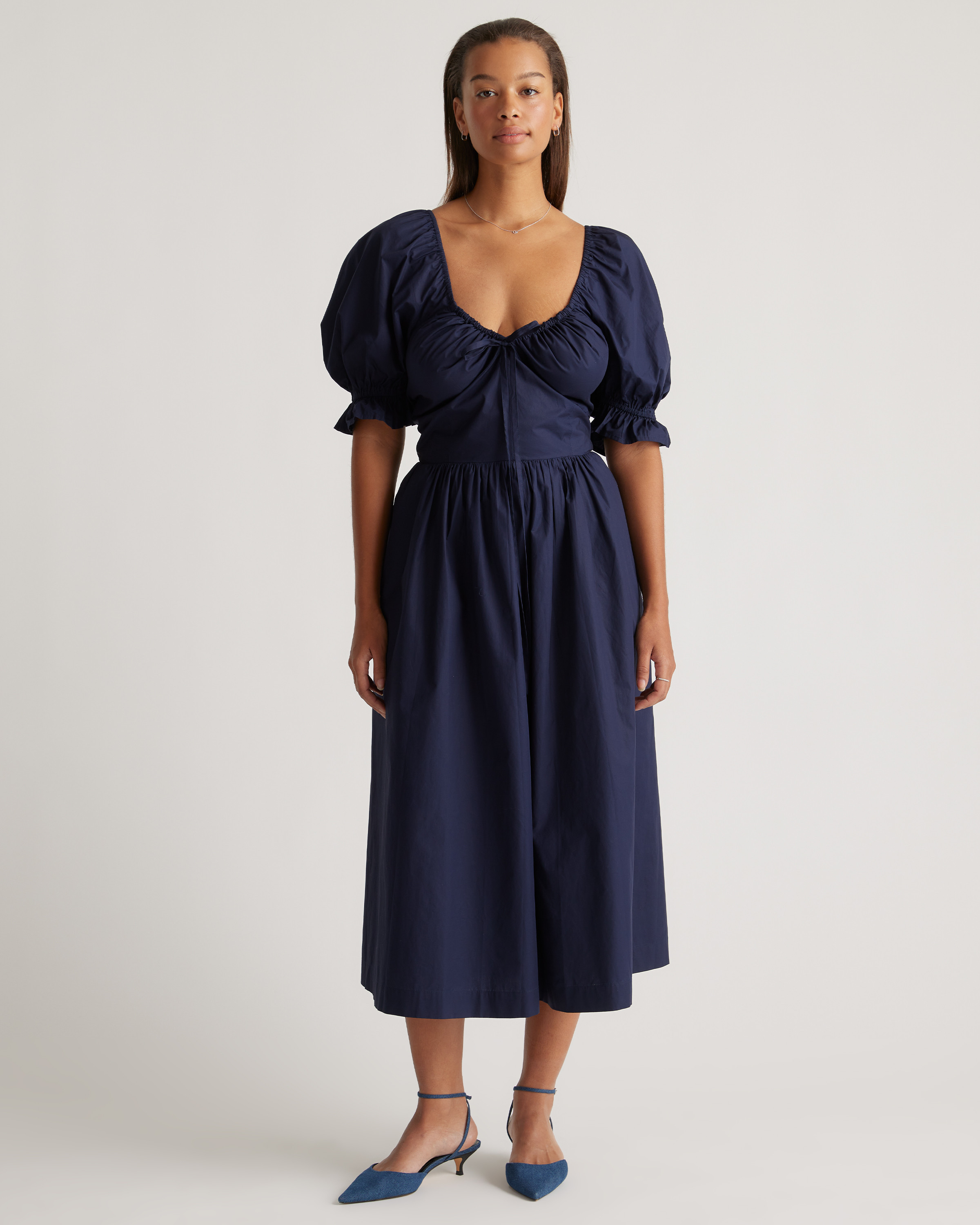 Quince | Women's Puff Sleeve Midi Dress in Navy, Size Small, Organic Cotton | Quince
