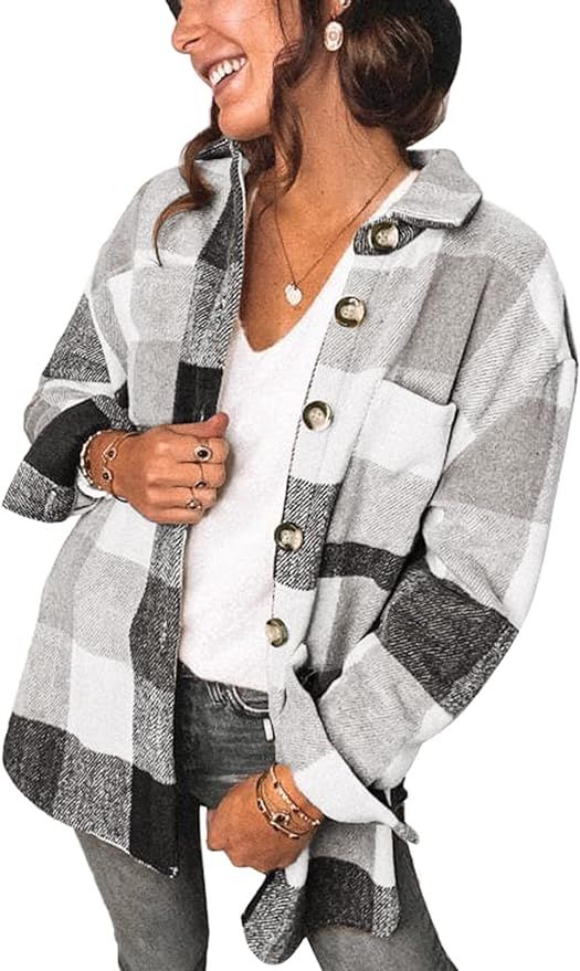 SHEWIN Womens Long Sleeve Plaid Shirts Flannel Lapel Button Down Shacket Jacket Coats | Amazon (US)