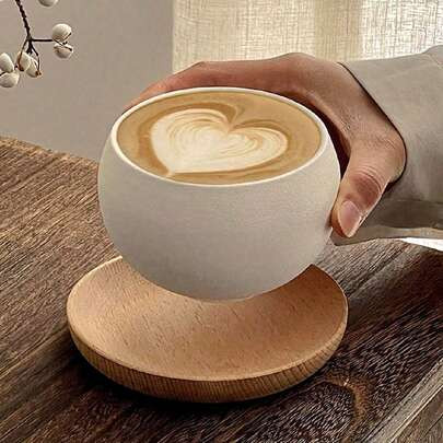 1pc Creative Retro Matte Stone Textured Ceramic Egg-Shaped Cup With Wooden Saucer, Suitable For Coffee, Latte, Cappuccino & Afternoon Tea | SHEIN