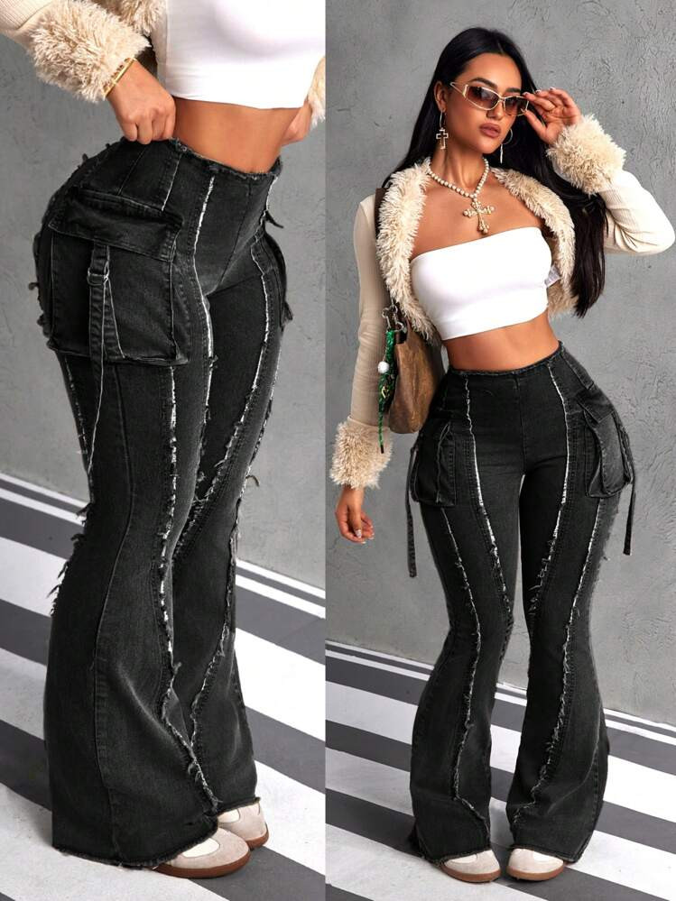 SHEIN ICON Women's Patchwork Fringes Cargo Pockets Flared Casual Jeans | SHEIN