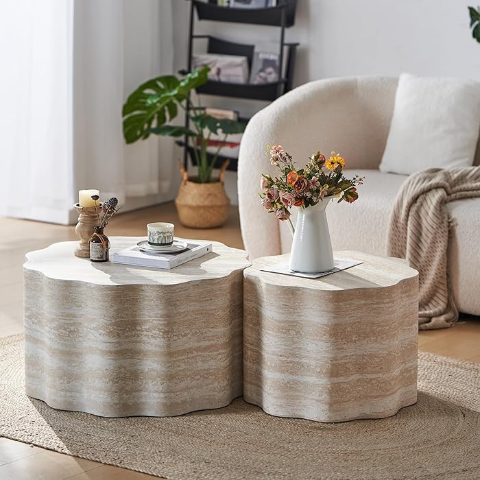 Coffee Table Set of 2, Modern Wood Center Table for Living Room, Faux Mars Pattern Side Table Acc... | Amazon (US)