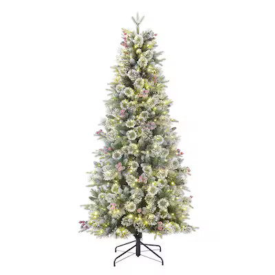 Holiday Living 6.5-ft Slim Flocked Frost Berry Mixed Needle Pre-lit LED Artificial Christmas Tree | Lowe's