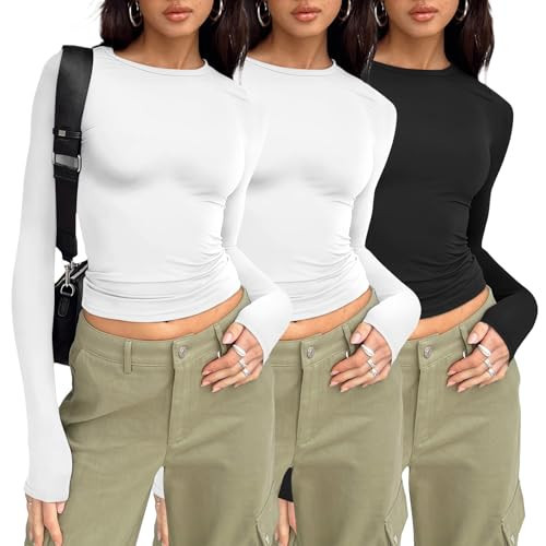 AUTOMET Womens Long Sleeve Shirt Basic Crop Tops Fall Fashion Underscrubs Layer Slim Fit Winter Clothes White White Black XL | Amazon (US)