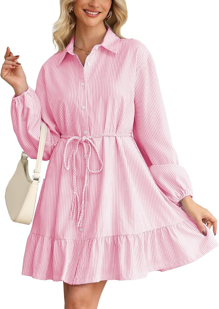 Women Striped Shirt Mini Dress Long Sleeve Button Down Lapel Collared Ruffle Hem Tunic Belted Dre... | Amazon (US)