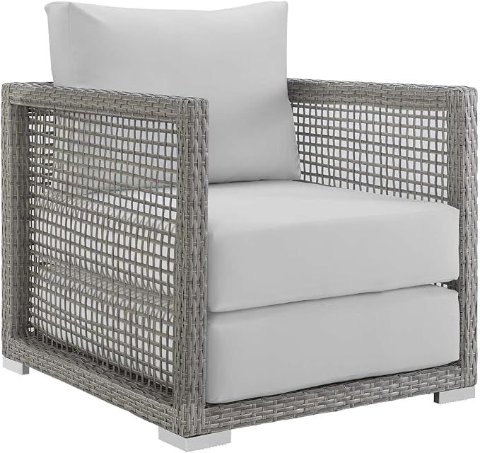 Modway Aura Wicker Rattan Outdoor Patio Arm Chair with Cushions in Gray White | Amazon (US)