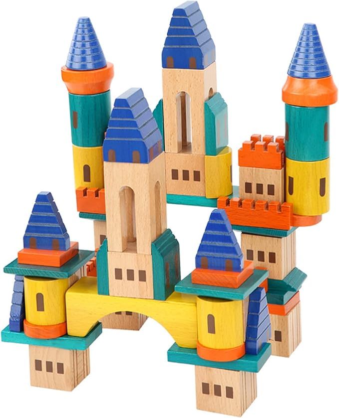 Wooden Castle Building Blocks Set, Big Solid Beech Wood Toddlers Stacking Block Toy, Kids Constru... | Amazon (US)