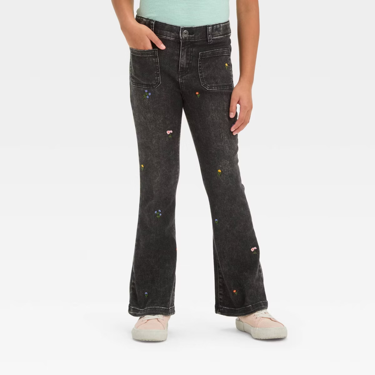 Girls' High-Rise Embroidered Floral Flare Jeans - Cat & Jack™ Black 5 | Target
