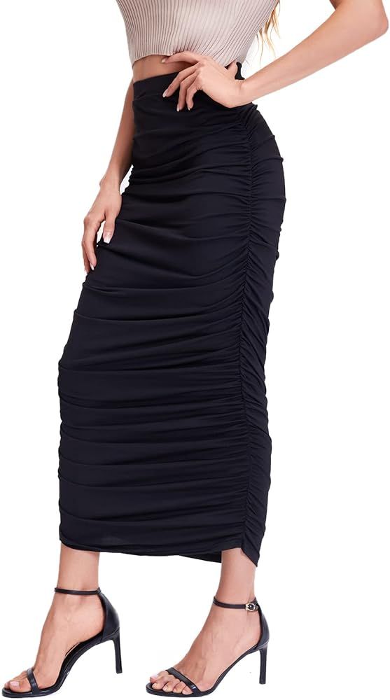 Verdusa Women's High Waist Ruched Side Solid Long Bodycon Pencil Skirt | Amazon (US)