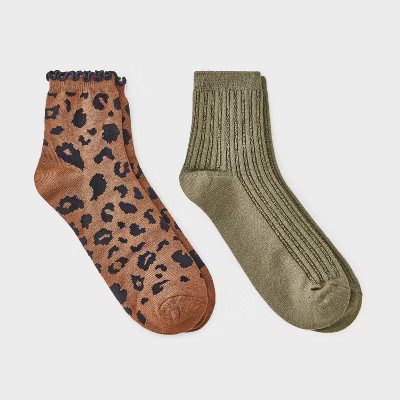 Women's Leopard Print Ruffle Trim Ultra Soft 2pk Ankle Socks - Auden™ Brown/Black/Olive Green 4-10 | Target