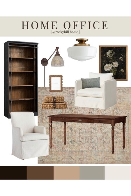 Home Office design, office furniture, pottery barn turned leg desk, bookcase, antique art print, plugin sconce, McGee and co decor, Target accent chair, dining chair as a desk chair 

#LTKstyletip #LTKhome