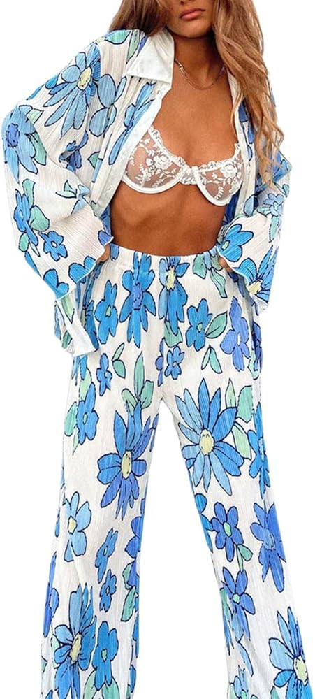 Women Casual 2 Piece Linen Sets Lapel Buttons Long Sleeve Pleated Shirts Tops Loose Pants Y2K Out... | Amazon (US)