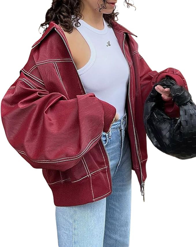 utcoco Women's Faux Leather Motorcycle Jacket Oversized Zip Up Winter Coat Outerwear 2025 Fall Fa... | Amazon (US)