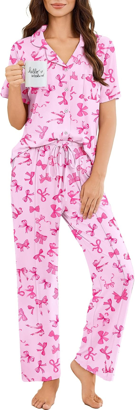 Ekouaer Pajamas for Women Set Button Up Sleepswear 2 Piece Short Sleeve PJ Top and Long Pants Lou... | Amazon (US)