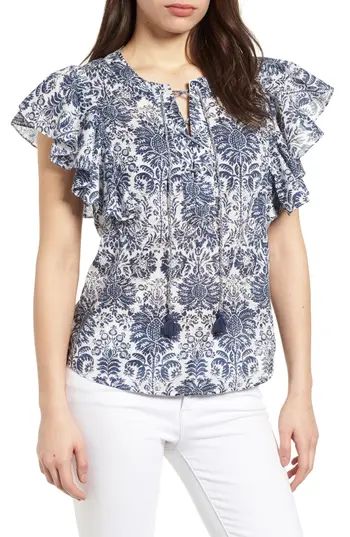 Petite Women's Caslon Flounce Sleeve Lace-Up Blouse, Size XX-Small P - Ivory | Nordstrom