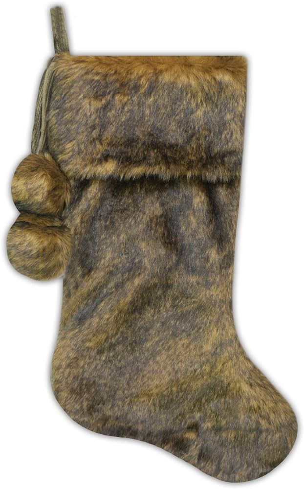Christmas Queen Faux Fur Christmas Stocking - Large Brown Xmas Stocking with Faux Fur Poms Poms -... | Amazon (US)