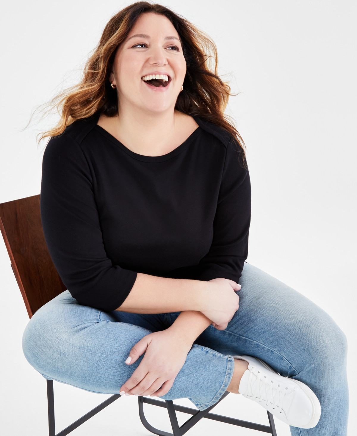 Style & Co Plus Size Pima Cotton 3/4-Sleeve Top, Exclusively at Macy's - Deep Black | Macy's