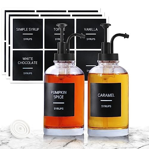Coffee Syrup Dispenser for Coffee Bar, Set of 2 Simple Glass Syrup Bottle w. Pump and Labels, 16.9 oz 500ml Syrup Pump Dispenser, Syrup Dispenser Black | Amazon (US)