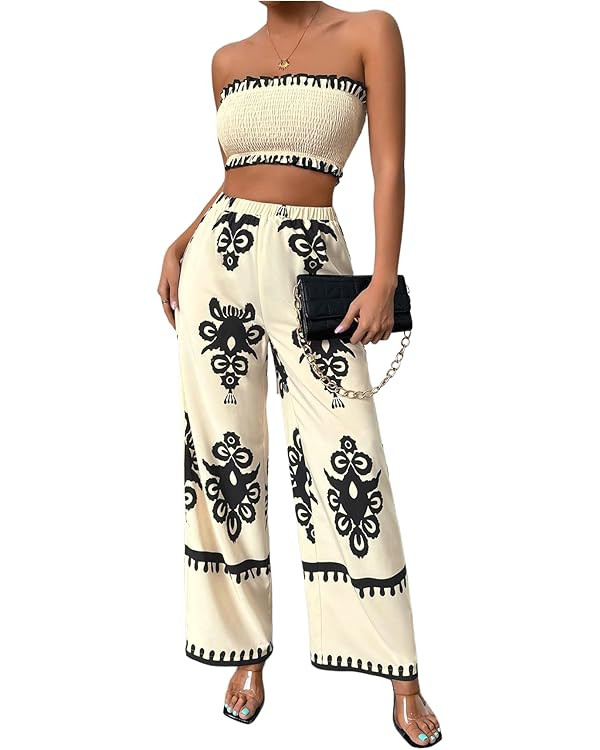 WDIRARA Women's 2 Piece Outfits Sleeveless Strapless Smocked Crop Tube Top and Graphic Wide Leg P... | Amazon (US)