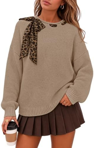 ZESICA Women's Fall Sweaters Long Sleeve Leopard Bow Tie Pullover Tops | Amazon (US)